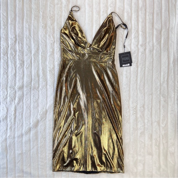 IEENA FOR MAC DUGGAL bronze shimmer metallic faux wrap cocktail dress - Picture 4 of 10